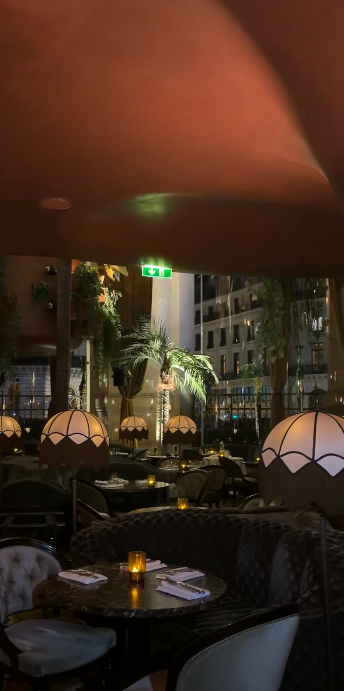 Set tables and palms in a warm, lamplit restaurant