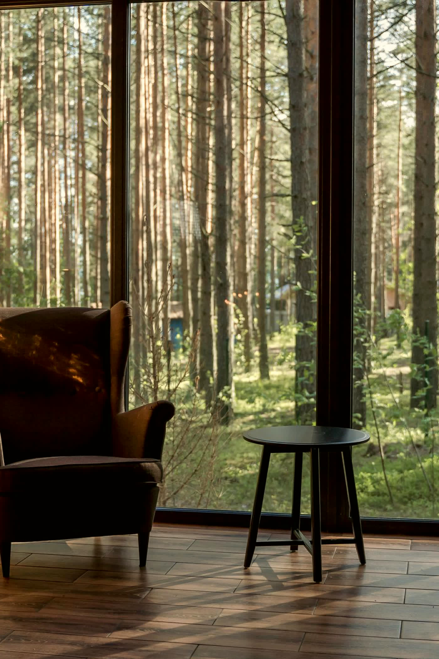 Armchair and side table against floor-to-ceiling forest windows